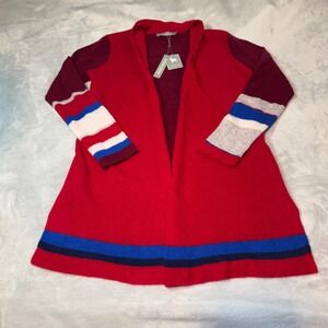 Colour Works Red Currant 100% Cashmere Cardigan Sweater Size M Stripe Sleeve NWT